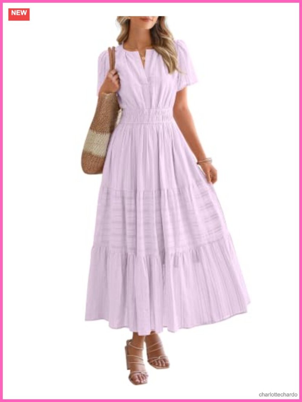 Women's Short Sleeve V Neck Tiered Maxi Dress with Pockets